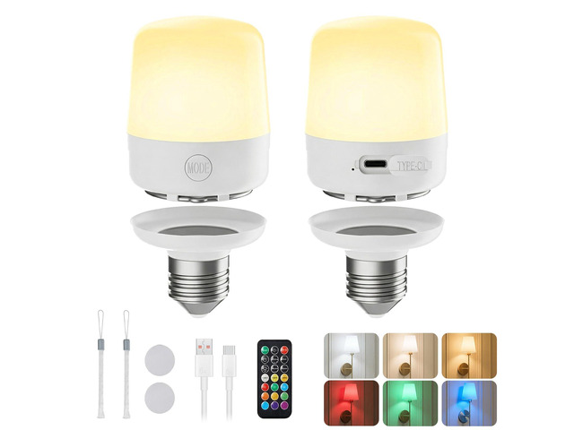 E26 Rechargeable Light Bulbs with Remote and Timer, 2 Pack Battery light Bulb with 12 Colors, Brightness Dimmable, 2300mAh 40W Equivalent LED...