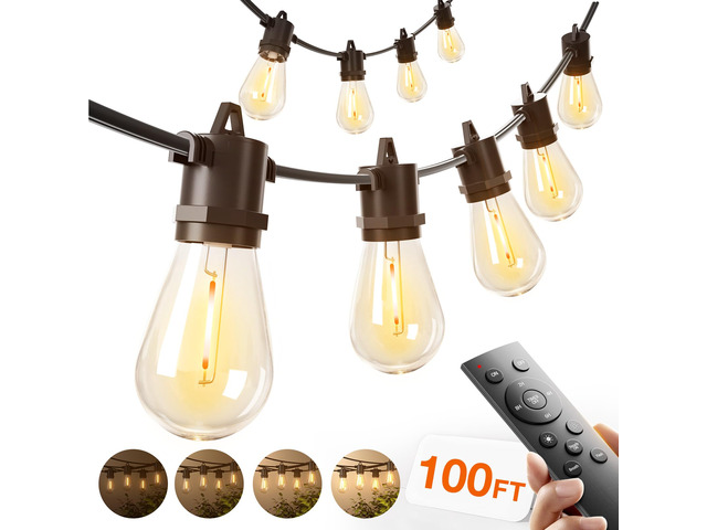 100FT Outdoor String Lights LED with Remote Dimmable Waterproof Timer & 3 Lighting Modes, Shatterproof Edison Bulbs, Connectable Hanging Strand for...