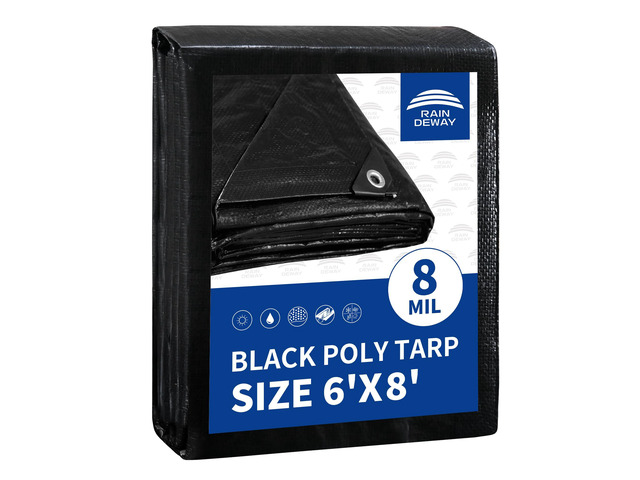 Black Tarp 6x8 Feet 8 Mil Multipurpose Waterproof Tarps Medium Duty,UV Resistant,with Metal Grommets and Reinforced Edges,Finished Size