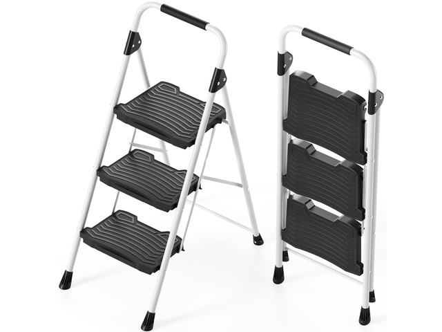 3 Step Folding Ladder, 900 lbs Load Capacity, Non-Skid Large Pedals, Handrail, Safety Lock, Sturdy Step Stool for Home, Office, Garden,...