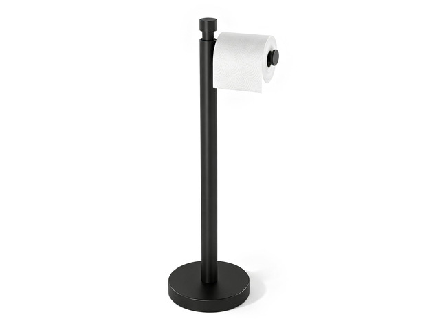 Toilet Paper Holder Stand with Weighted Base, Matte Black Stainless Steel Design with Open-Arm Access for Bathrooms and Powder Rooms