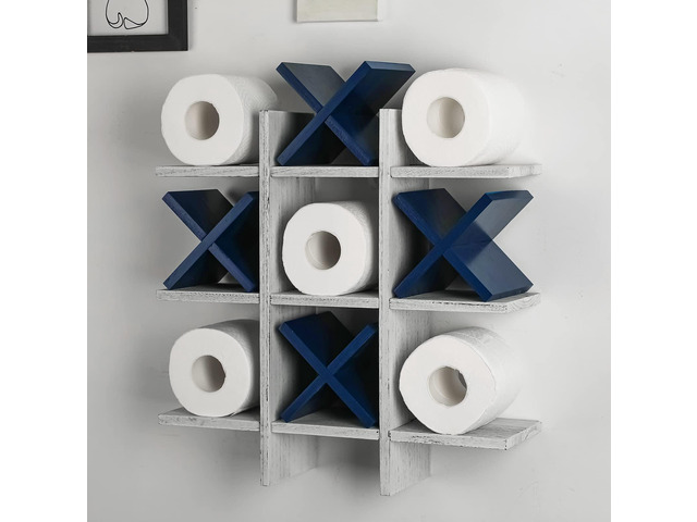 Tic Tac Toe Toilet Paper Holder Stand Bathroom Wall Decor Rustic Wooden Hanging Storage Freestanding Wall Mounted Shelves Decor for Toilet Tissue...