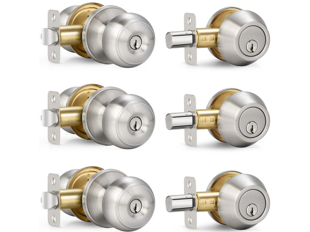 3 Sets Entry Door Knob and Single Cylinder Deadbolt Combo Set, Keyed Alike Round Ball Satin Nickel Interior/Exterior Door Knobs with Lock and...