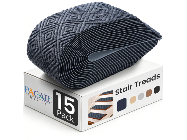 15-Pack Non-Slip Stair Treads 8'x30' for Wooden Steps, Bluish Grey No-Residue Adhesive, 0.28' Thick Cushion, Machine Washable, Safe for Dogs, Kids...
