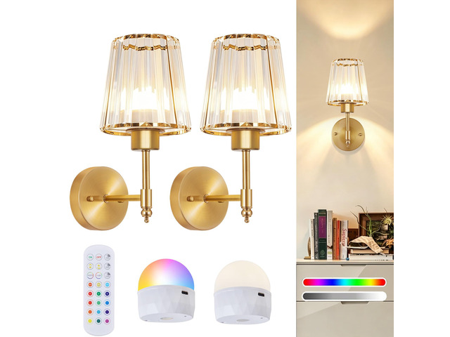 Battery Operated Wall Sconce Set of 2, Rechargeable Wireless Wall Lights with 5200mAh Dimmable Bulbs and Remote,15 Colors Wireless Wall Lamps for...