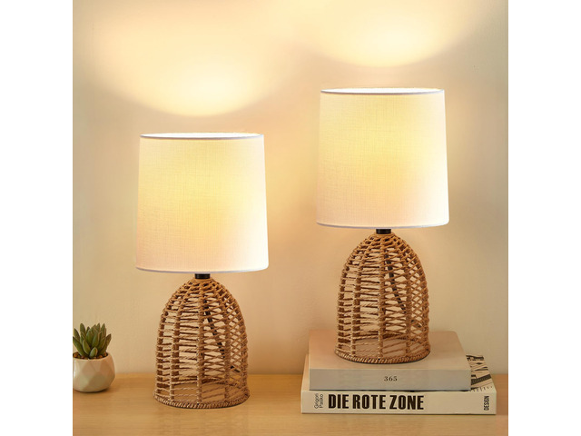 Rattan Lamp Boho Lamps Set of 2-13.75' Mini Farmhouse Table Lamp Rustic End Table Decorative Small Lamps for Small Spaces Bedroom Nightstand Living...