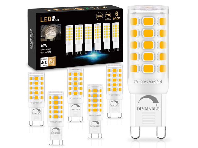 Dimmable G9 LED Bulb 4W (40 Watt Equivalent) Halogen 6 Pack 2700K Soft Warm White, 120V T4 G9 Light Bulb, Bi-pin Base, 360°Beam Angle, 400LM, for...