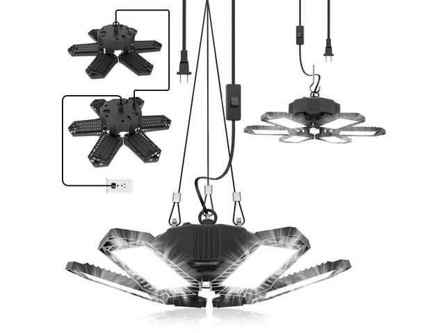 2 Pack Plug in Garage Light, 20000LM Shop Light Bay Lighting 6500K 200W Ultra Bright, Linkable Design, 6 Deformable LED Panels, for Garage workshop...