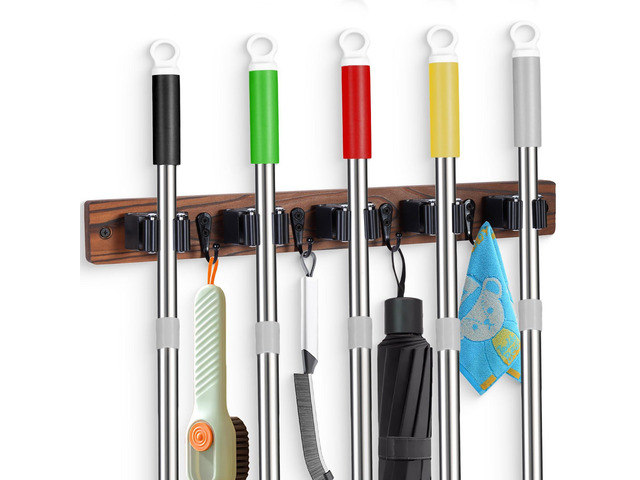 Broom Holder Wall Mount With 5 Slots & 4 HooksRustic Wood Broom & Mop HangerWall Mounted Garden & Garage Tool Storage Organizer Rack for Closet...