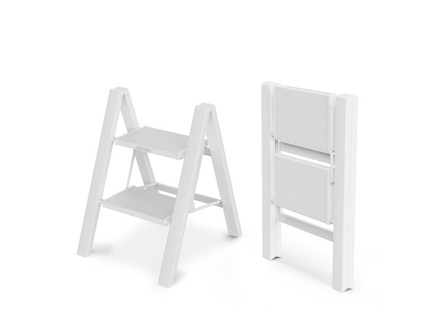 2 Step Ladder, 300lbs Load, 17'' Top Step, White 7ft Reach; 7.9'' Wide Pedals; Anti-Slip Feet Grip Wood, Tile, Carpet; Rigid Aluminum Steps; No...