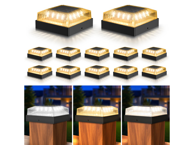 Solar Post Cap Lights for 4x4 Wood/Vinyl Fence Posts, 12-Pack 4x4 Post Solar Lights, IP65 Waterproof, 10-12 Hours of Illumination with 3 Lighting...