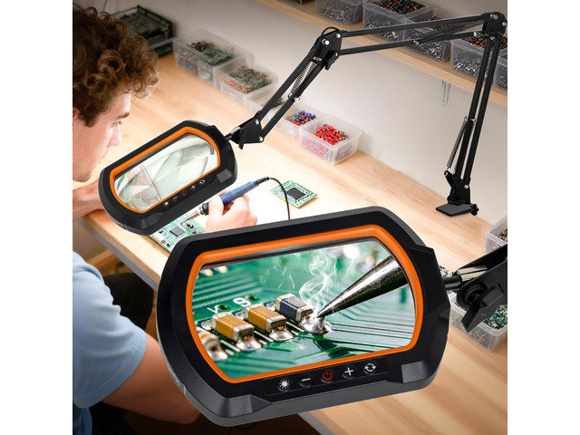12X Square Ultra Long Magnifying Glass with Light and Clamp 3-Section Arm Hands Free Lighted Stand, 5 Color Modes, Stepless Dimming LED Desk Lamp...