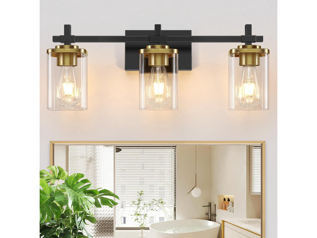 3-Lights Black and Gold Bathroom Light Fixtures Over Mirror, Modern Brushed Gold Vanity Lights for Bathroom, Sconces Wall Lighting with Square...