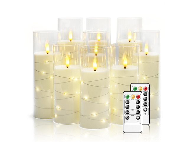 Flickering Flameless LED Candles, 9 Pcs with Embedded Star String, Acrylic LED Pillar Candles with Remote, Suitable for Home Decoration (White)