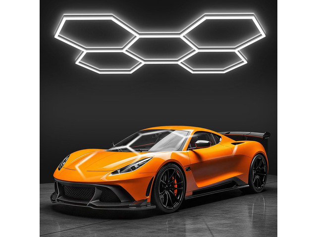Hexagon Garage Lights, LED Honeycomb Lights Ceiling, 192W, 23040LM, 6500K Super Bright, 5 Grid Systems Car Detailing Light for Garage Warehouse...