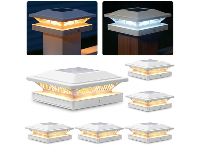 Solar Post Cap Lights Outdoor 2 Modes 6 Pack White, (Warm/White) For 3.5x3.5, 4x4, 4.5x4.5 & 5x5 Vinyl or Wood Posts, Solar Powered Waterproof...