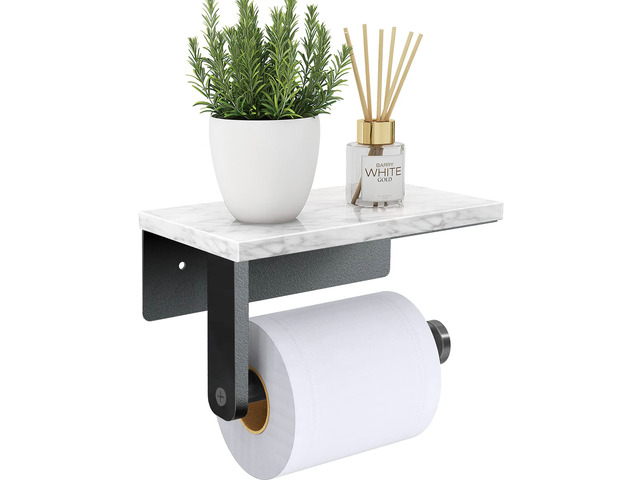Marble Toilet Paper Holder with Shelf, Wall Mounted Matte Black Stainless Steel Tissue Roll Paper Holder Dispenser for Bathroom Washroom