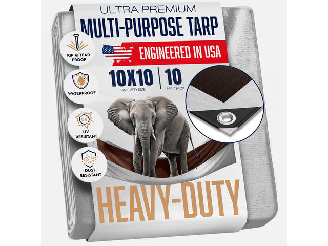 10x10 Heavy Duty Tarp, Waterproof, 10 Mil Thick, High Durability, Tear & Fade Resistant, UV Treated, Grommets Every 18 Inches (10' x '10')