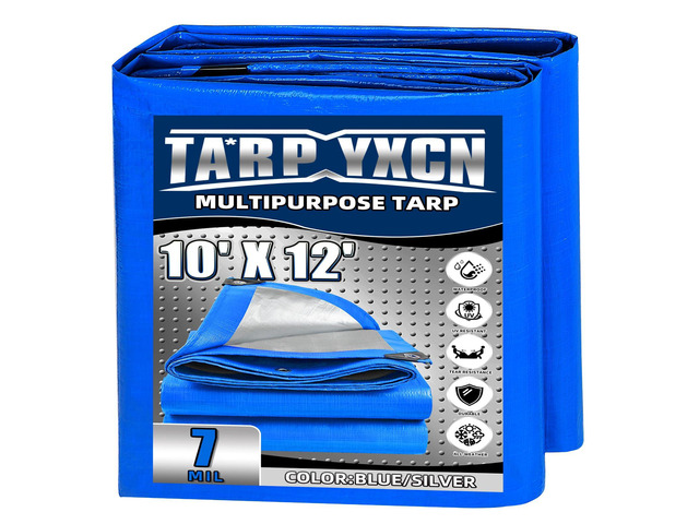 Tarp 10x12 Feet, 7 Mil Thick Waterproof Poly Tarps Cover UV Resistant, Rip & Tear Proof with Metal Grommets Every 20 Inche (Blue/Silver)