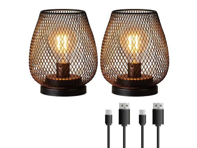 Set of 2 Rechargeable Lamp LED Table Lantern, Brown Metal Cage Cordless Lamps with LED BulbVintage Decorative Outdoor Lantern for Weddings,...