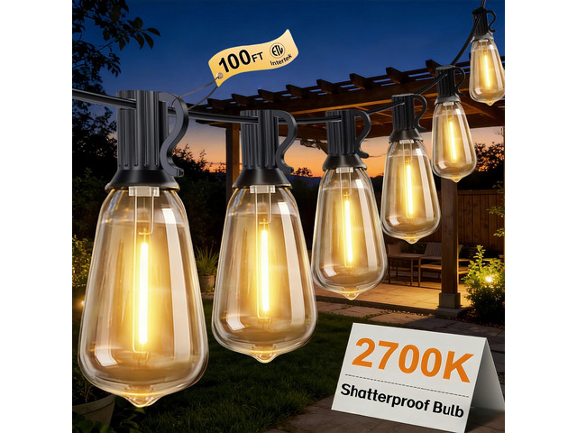 100FT Outdoor String Lights, IP45 Waterproof Patio Lights LED ST38 Shatterproof Plastic Vintage Edison Bulbs, Connectable Outside Hanging Lights...