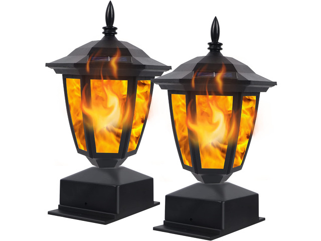 Solar Flame Post Lights Outdoor, Solar Powered Lamps Fence Post Cap Lights, Flickering Flame LED Lantern Decorative Waterproof for Garden Deck...