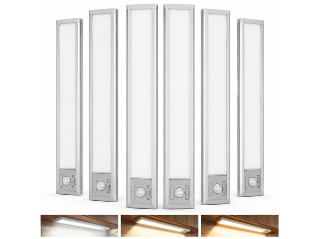 6Pack Aluminum Under Cabinet Lighting, 10inch Rechargeable Ultra-Thin Magnetic Motion Sensor Closet Lights, 3 Colors & Dimmable, USB-C Wireless...