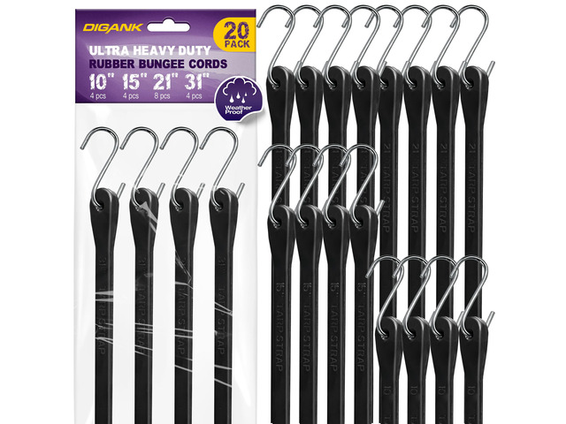 Bungee Cords with Hooks (20 Pack) Heavy Duty Outdoor Rubber Tarp Straps in 10', 15', 21', 31' Sizes, Crimped S Hooks for Securing Cargo, Bikes,...