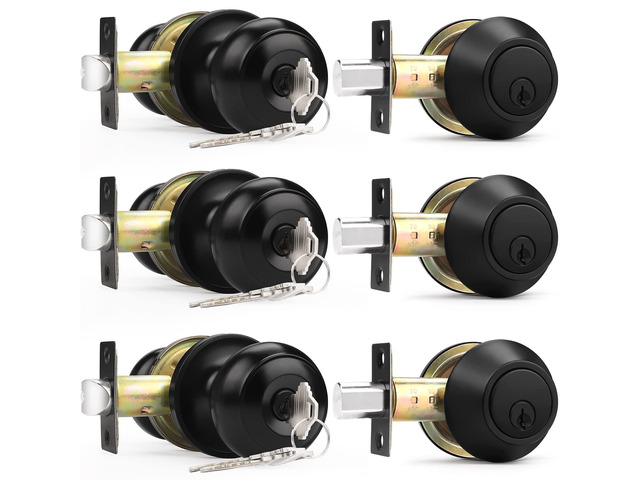 Entry Door Knobs Lock Set and Single Cylinder Deadbolt Combination Set, Entry Door Locksets with Deadbolt Same Key Flat Black (3 Pack), Keyed Alike