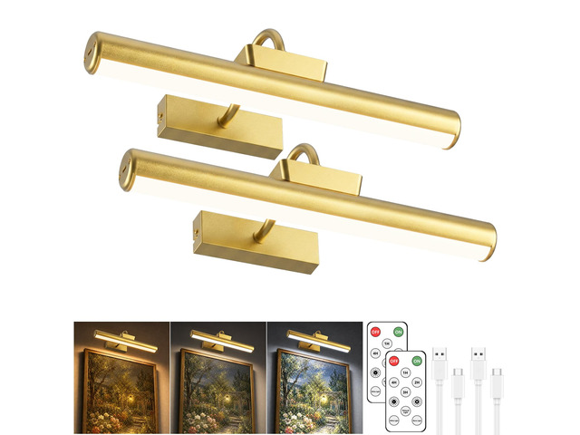 13' Wireless Picture Lights for Wall, Rechargeable Art Light, 2Pack Gold Aluminum Photo Frame Light, Remote & Touch Control, 5000mAh Battery, 3...