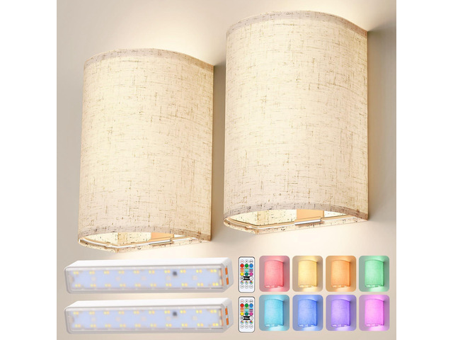 Battery Operated Wall Sconce Wireless Wall Sconces Set of Two Rechargeable Magnetic Bulb Wall Lights Lamp Dimmable Timer with 16 RGB Fabric Linen...