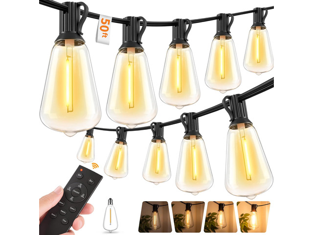 Remote Control Outdoor String Lights Waterproof, 50FT LED Outside Lights with Shatterproof Bulbs, Dimmable Hanging Lights 3 Modes for Patio Porch...