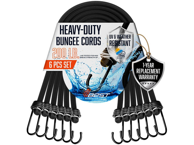 Bungee Cords Heavy Duty Outdoor with Hooks - 6Pcs Assorted Sizes Set Black Rubber Bungy Chords Set Includes 2x48', 2x60', 2x72' - Long Bungie...