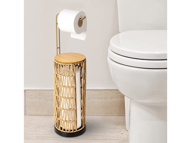 Freestanding Toilet Paper Holder with Storage,3 Rolls of Tissue Holder for Bathroom,Handmade Woven Toilet Paper Roll Holder Stand,Rattan Sturdy...