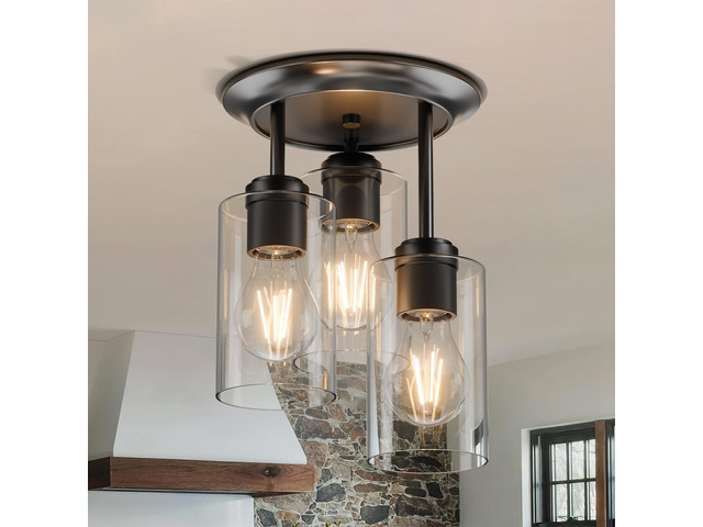 3-Lights Semi Flush Mount Ceiling Light Fixture Black for Kitchen Foyer/Entryway/Dining-Room/Hallway Farmhouse Industrial Home Decor Clear Glass...