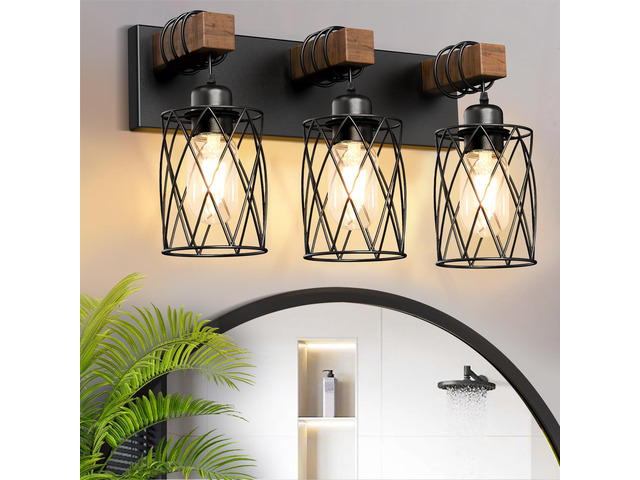 Farmhouse Bathroom Vanity Light, 3-Light Wood Bathroom Light Fixtures Over Mirror, Black Industrial Vanity Lights with Metal Shade, Rustic Restroom...