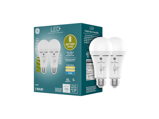 LED+ Battery Backup Emerncy Light Bulbs A21, 3 Colors, 2 Pack Stays on during power outas, built-in recharable battery, 3 color temperatures, A21...