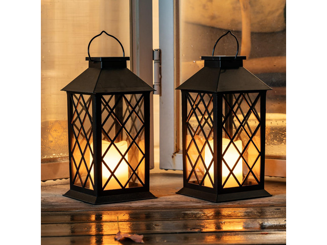 2 Pack 13'' Black Solar Lanterns, Flickering Flame Hanging Lights Realistic Flickering Flame Creates Cozy Ambiance for Patios, Porches, Gardens,...