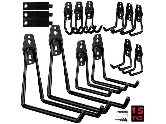 Garage Tool Storage Wall Hook Assortment Set: 15PCS Heavy Duty Large Hanger Garden Tool Organizer Ladder Bike Rack Yard Tool Holder Shed Shovel...