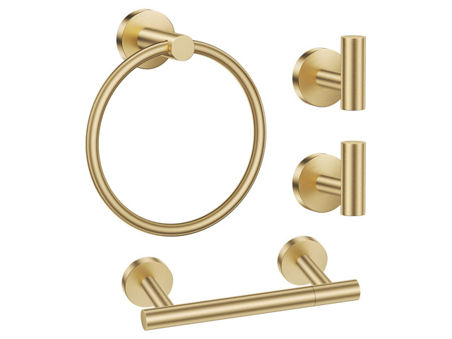 Brushed Gold Bathroom Hardware Set, Toilet Paper Holder, Towel Ring & Hooks Bathroom Accessories Include Stainless Steel Double Bases Toilet...