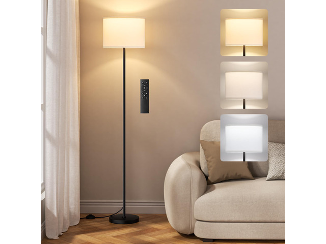 Dimmable Floor Lamp with Remote, 9W 900LM LED Bulb Included White Shade Black Pole, Lamps for Living Room Bedroom