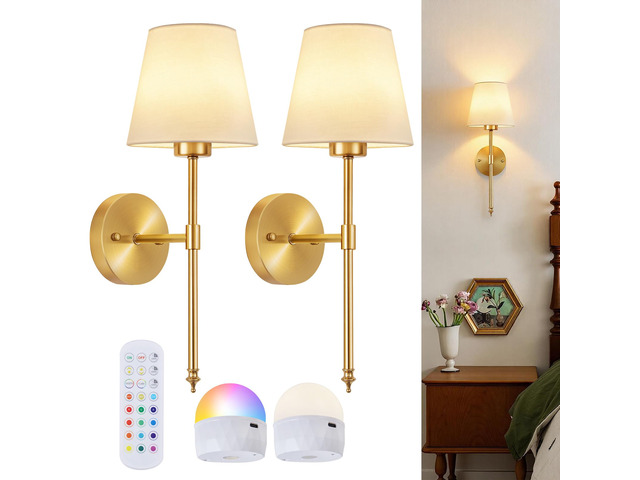 Battery Operated Wall Sconces Set of 2, Wireless Battery Wall Light with 5200mAh Dimmable Bulbs with Remote,RGB15 Colors Wireless Wall Lamps for...