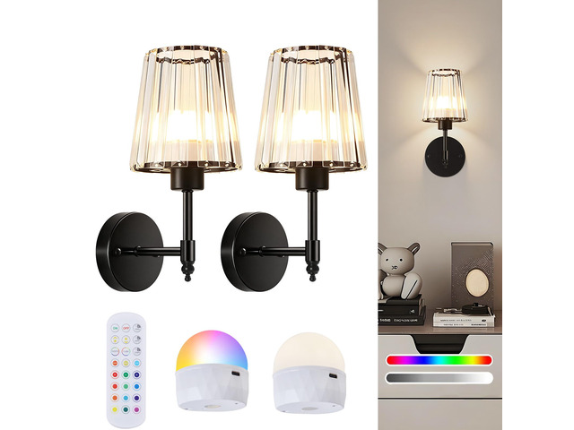 Battery Operated Wall Sconce Set of 2, Rechargeable Wireless Wall Lights with 5200mAh Dimmable Bulbs and Remote,15 Colors Wireless Wall Lamps for...