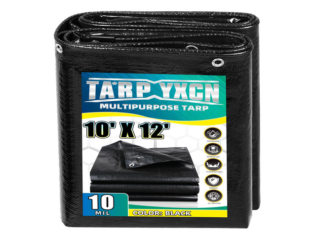 Black Tarp 10x12 Feet, 10 Mil Thick Waterproof Poly Tarps Cover UV Resistant, Rip & Tear Proof with Metal Grommets Every 20 Inches