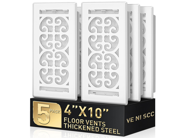 4x10 Floor Register, White Floor Vent Covers, 5-Pack Thicker Metal Vents Heavy Duty Walkable Decorative Scroll Vent Covers for Home Floor & Wall,...
