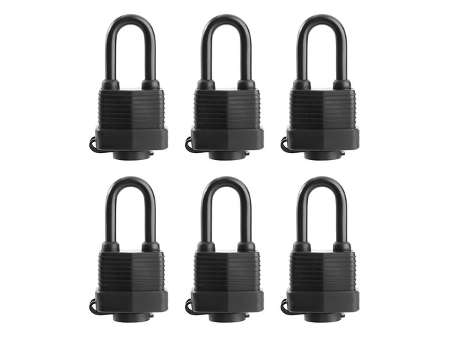 Waterproof Padlocks Keyed Alike for Outdoor use, Covered Heavy Duty Laminated Steel Lock, 1-9/16 Inch. Wide, Long Padlock, Pack of 6
