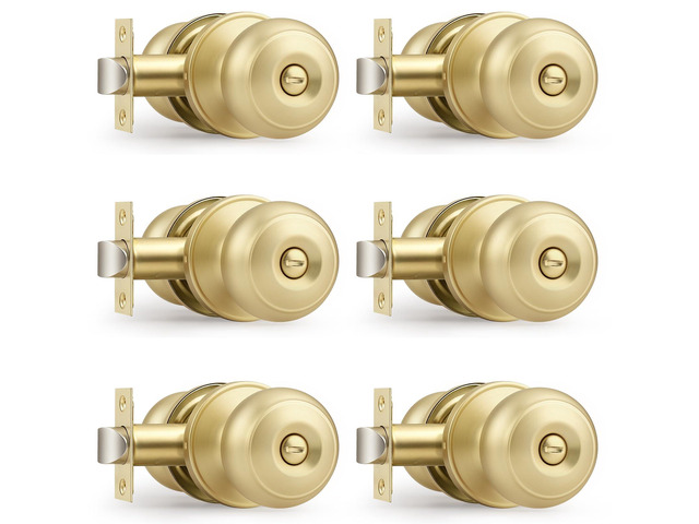 Brushed Brass Door Knobs for Bedroom Bathroom, Interior Door Knob with Round Ball, Gold Privacy Door Knob, 6 Pack