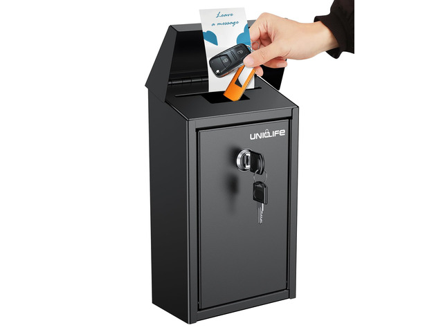 Black Metal Donation Box, Wall Mounted Mailbox for Outside Safe Suggestion Box with Key Lock, Steel Key Drop Box with Top Slot, Cash Box for Home...