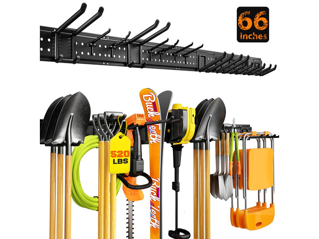 Garage Tool Organizer Wall Mount 66 inches with 13 Adjustable Heavy-Duty Hooks, Garage Organization, Garden Tool Storage Rack for Garage, Yard, and...