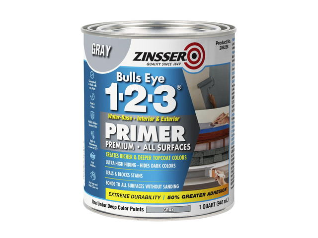 286258 Bulls Eye 1-2-3 All Surface Primer, Quart, Gray Bulls Eye 1-2-3 water-base primer-sealer, 31.5oz, Gray. All-surface stain-blocking primer...